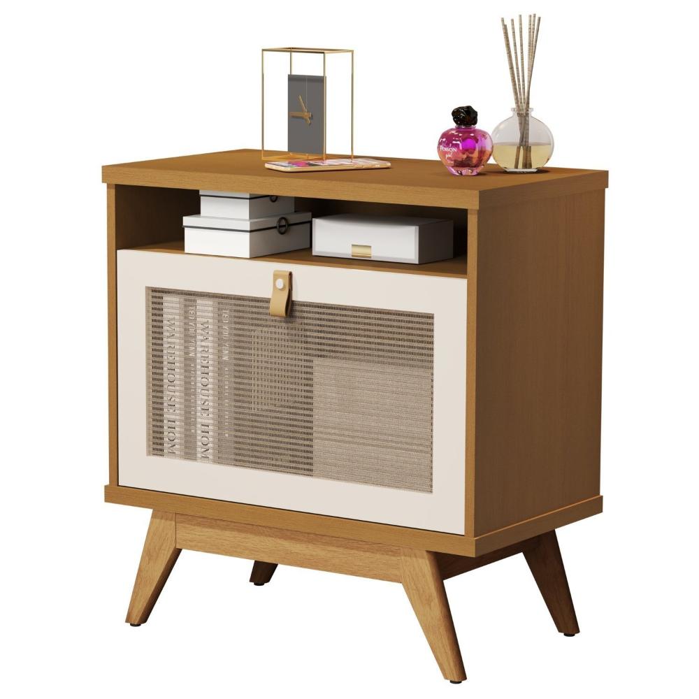 Miniatura Mesa Cabeceira Jb 2300 com Porta em Rattan e Puxador de Couro Nature/Pérola