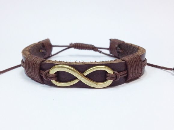 Miniatura Pulseira masculina couro e simbolo infinito ouro velho