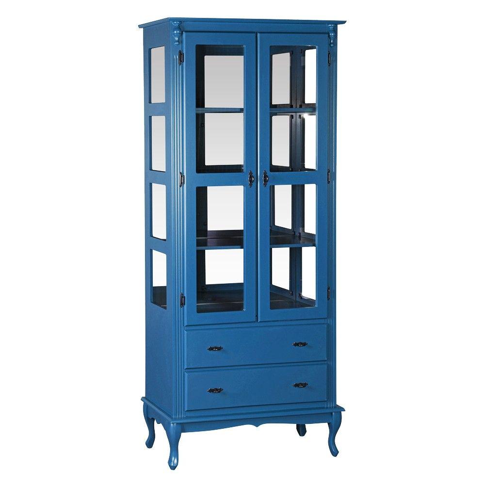 Miniatura Cristaleira Luiz Xv Com 2 Portas de Vidro e 2 Gavetas 1085e Envelhecido Azul