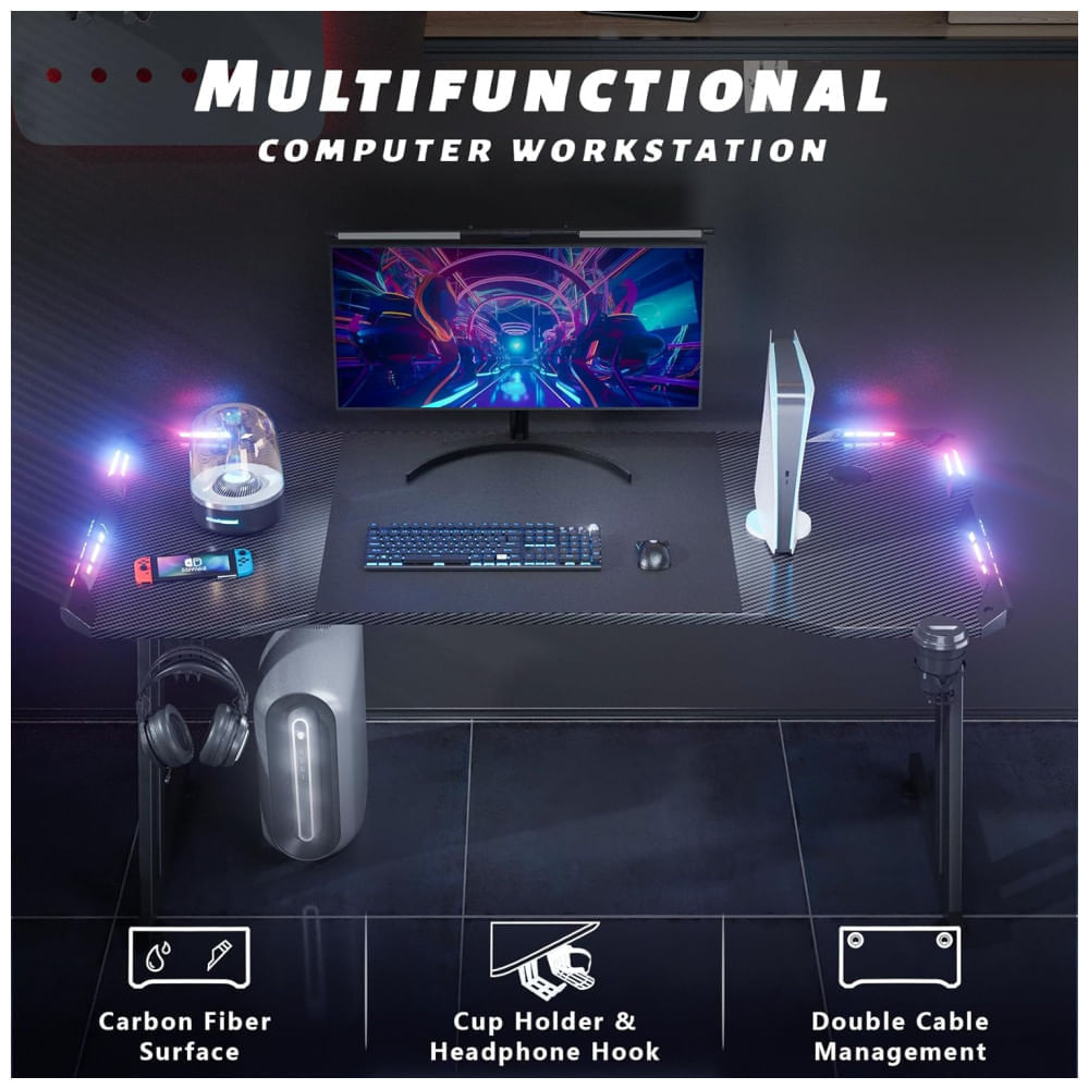 Miniatura Mesa Gamer Ergonômica 55" 139 cm com Superfície de Fibra de Carbono, Gancho para Fone de Ouvido, Luz LED e Porta-Copos, 110V, HLDIRECT MLHD14, Preto 110v