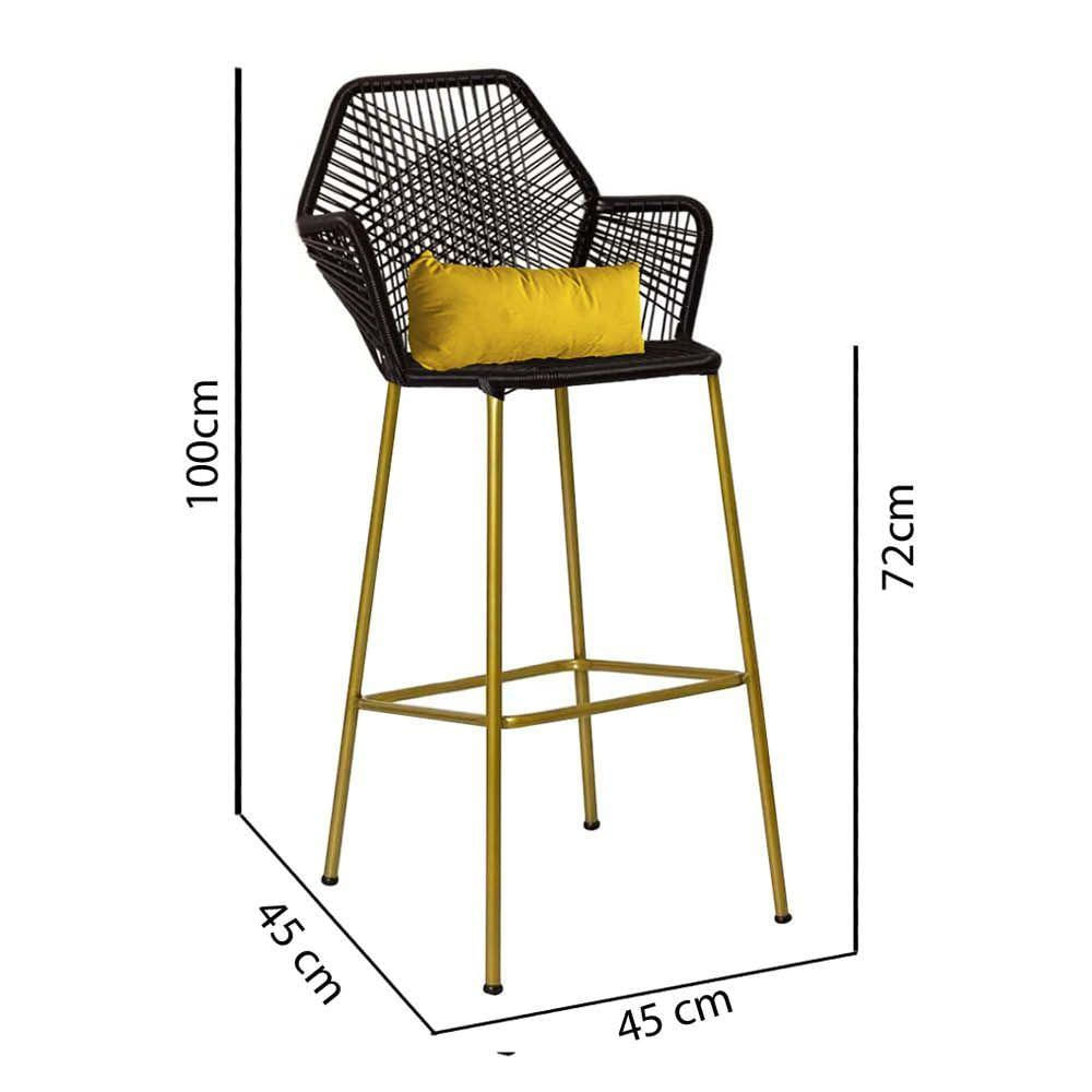 Miniatura Banqueta Alta Com Encosto Ferro Dourado Fibra Preto Almofada Amarelo