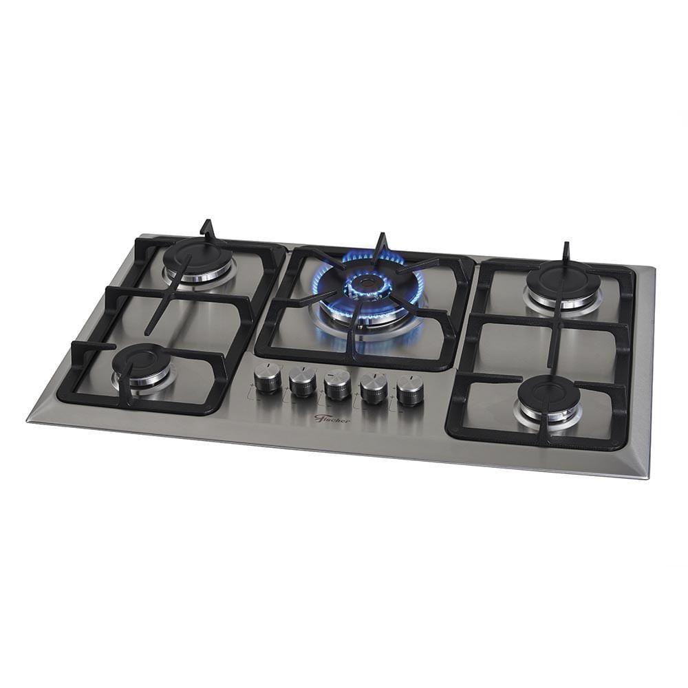 Miniatura Cooktop 5 Bocas Fischer Infinity Trempe De Ferro Tripla Chama à Gás Mesa Inox Bivolt