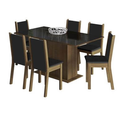 Miniatura Conjunto Sala de Jantar Moscou Plus Madesa Mesa Tampo de Vidro com 6 Cadeiras Rustic/Preto Cor:Rustic/Preto