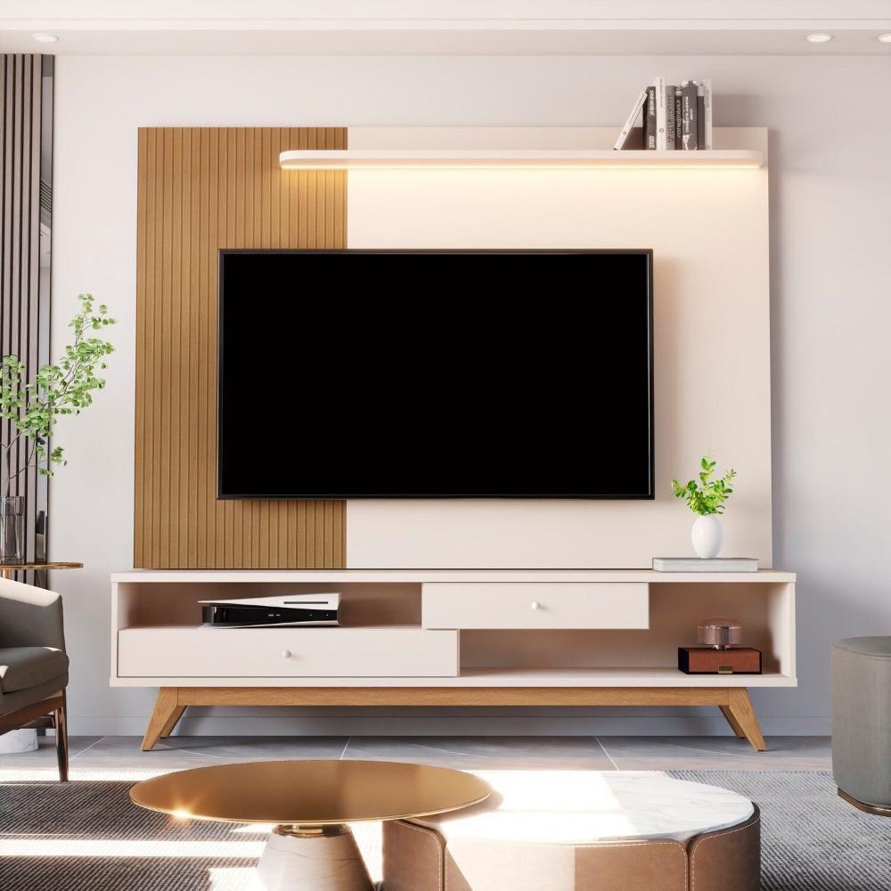 Miniatura Estante Home Theater para Tv até 75 Polegadas com Led Ripado Impressão 5232 Elmo/Offwhite