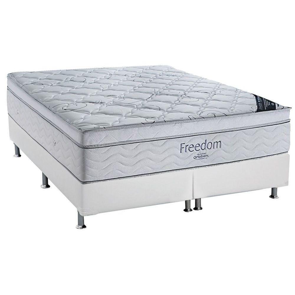 Miniatura Cama Box Queen: Colchão Molas Ortobom Superpocket Freedom Visco + Base Crc Courano Branco(158X198)