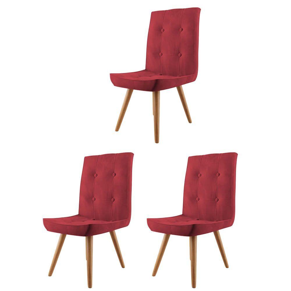 Miniatura Kit 03 Cadeira De Jantar Drop Com Botão Base Pé Palito Rústico Corino Vermelho - Amey Decor