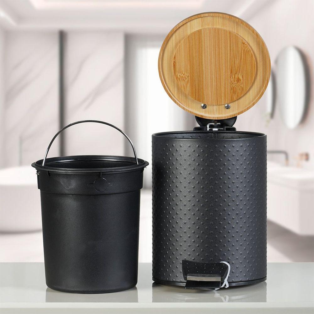 Miniatura Lixeira Classic Aço Inox Tampa Em Bambu 5l 25x20x20cm Preto