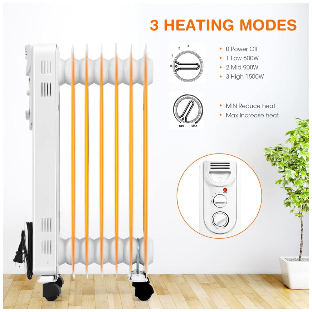Miniatura Aquecedor Elétrico a Óleo Portátil com 3 Opções de Aquecimento, Proteção Contra Superaquecimento e Tombamento, 110V 1500W,...