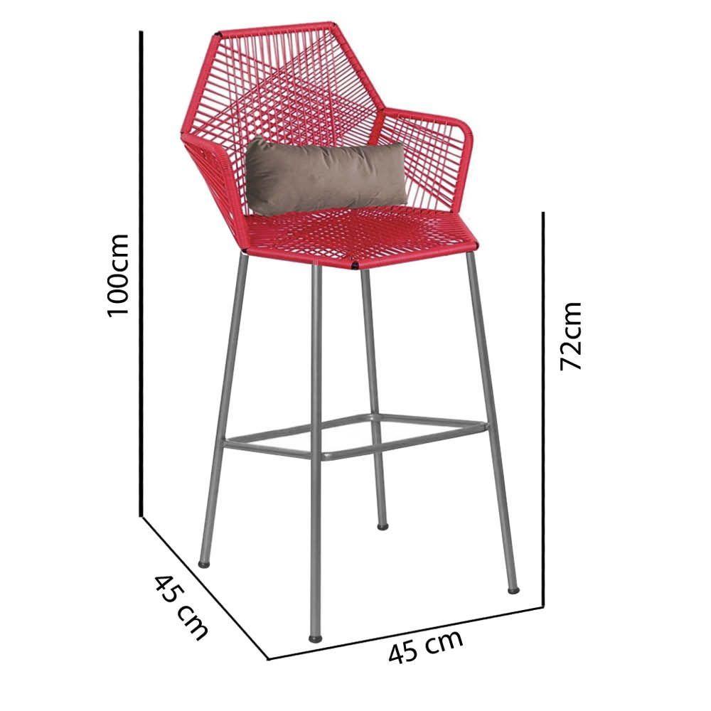 Miniatura Banqueta Alta Com Encosto Ferro Prata Fibra Vermelho Almofada Bege