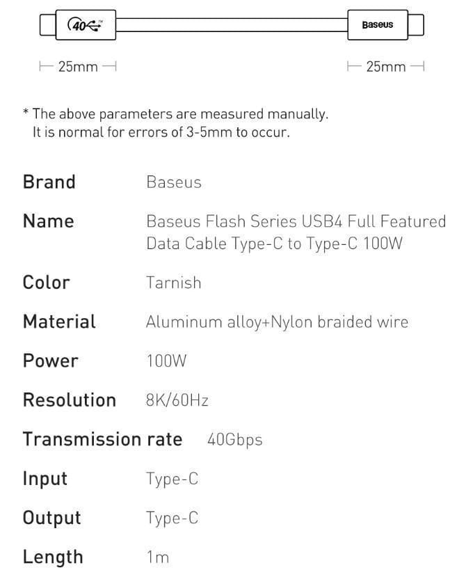 Cabo Usb Tipo C Thunderbolt 4 Baseus 40Gpbs Pd 100W Video 8K