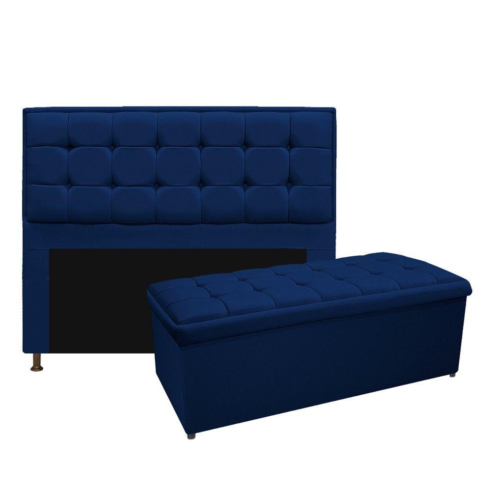 Miniatura Cabeceira E Calçadeira Copenhague 160 Cm Queen Size Suede Azul Marinho