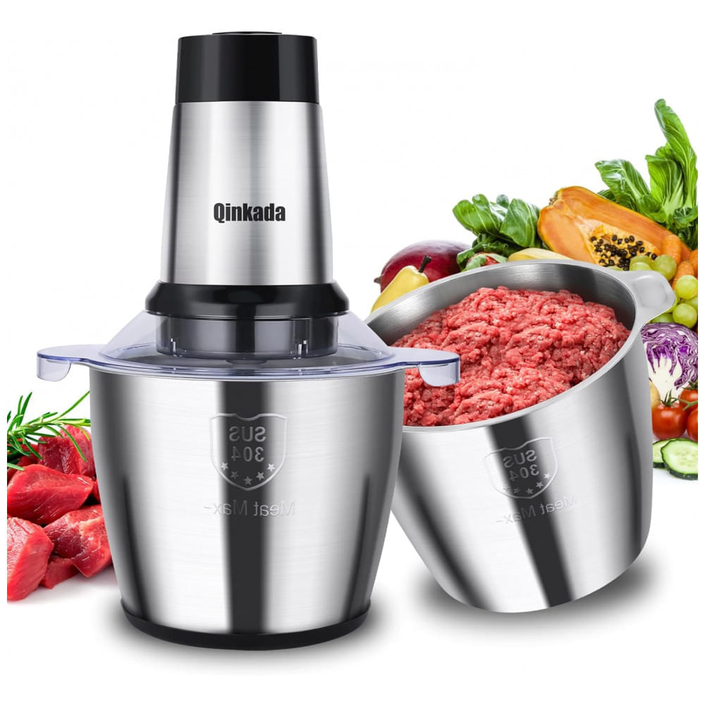 Miniatura Processador de Alimentos Multifuncional 3,5 Litros com 3 Velocidades e 2 Tigelas de Aço Inoxidável, 110V 500W, Qi...