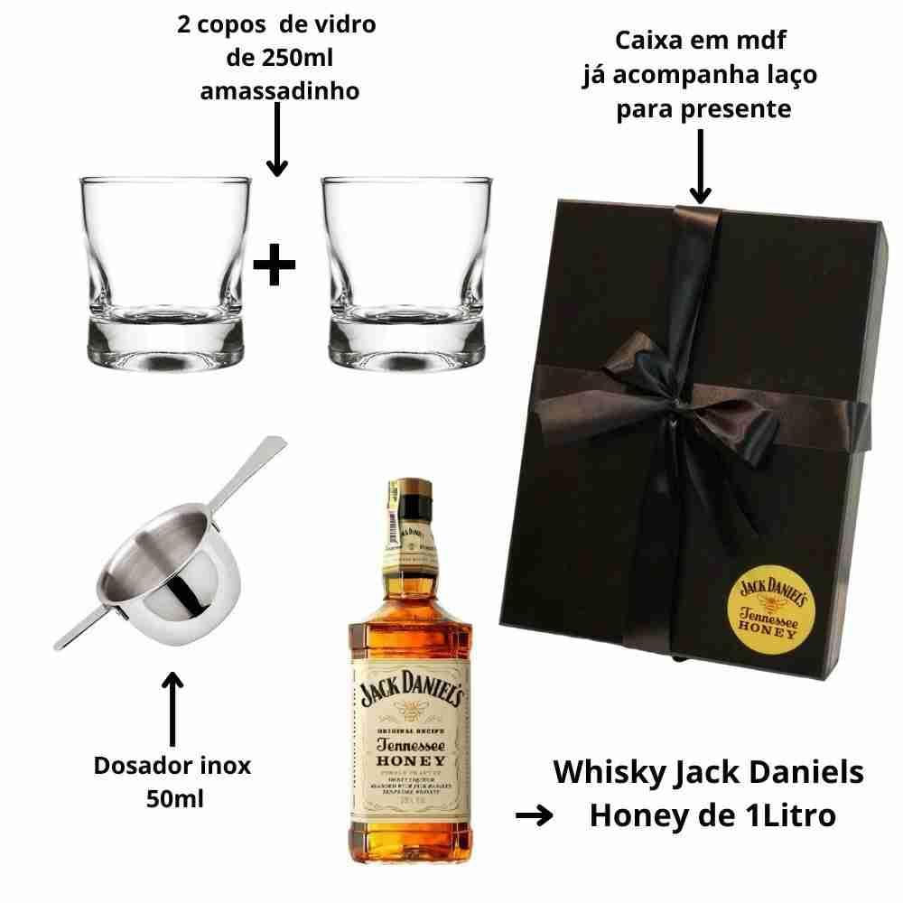 Kit Whisky Jack Daniels Honey Mel 1Lt + 2 Copos + Dosador