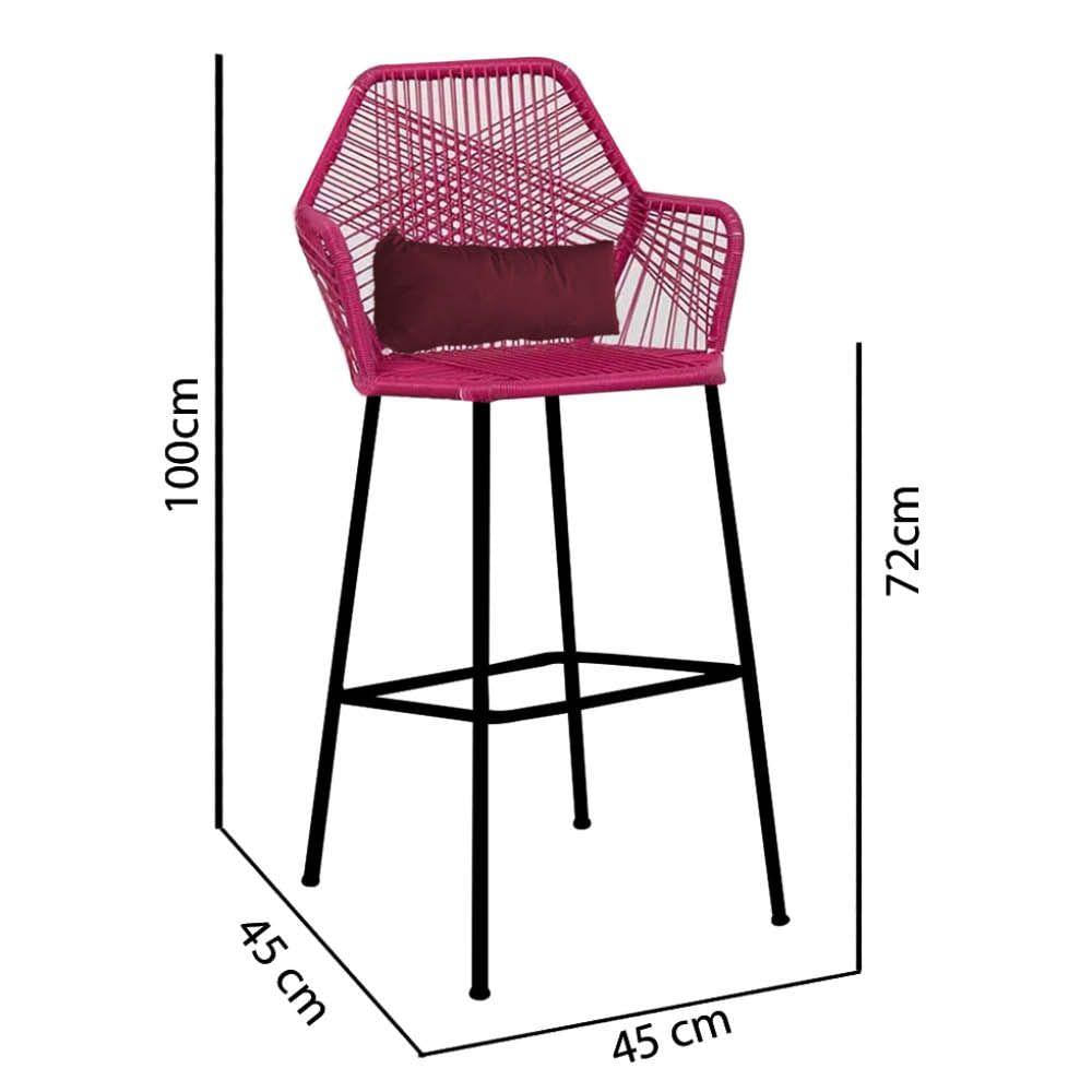 Miniatura Banqueta Alta Com Encosto Ferro Preto Fibra Pink Almofada Bordô