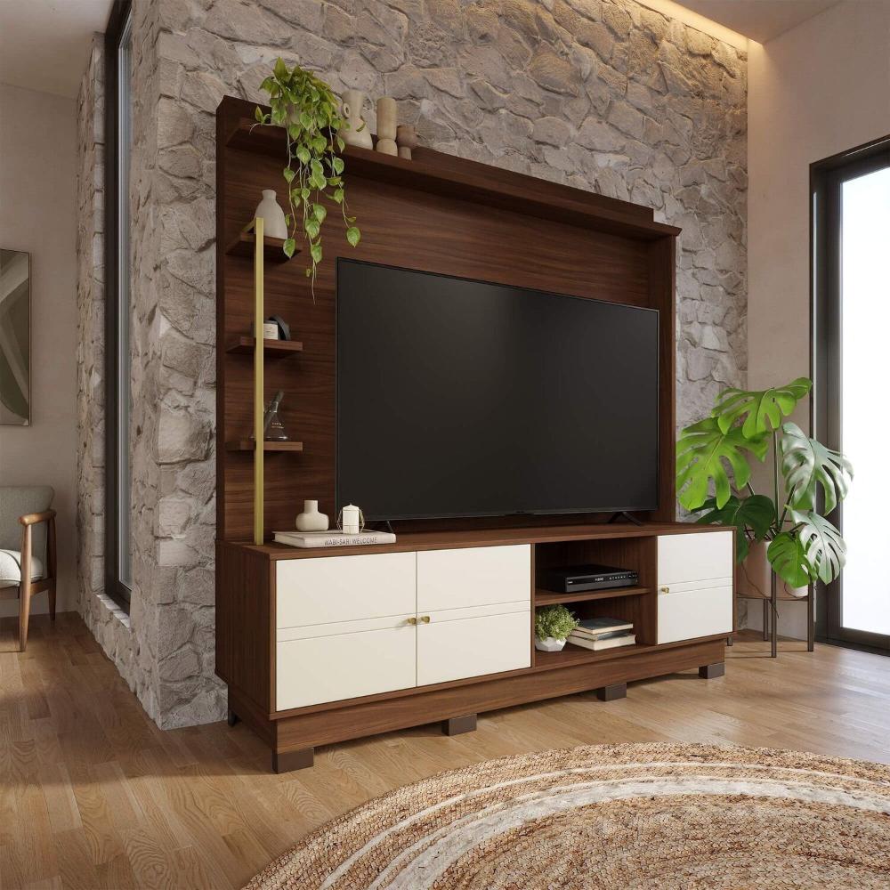 Miniatura Home Theater 180 Cm para Tv até 70 Polegadas com 3 Portas Paraná Nogueira Real/Off White Matte