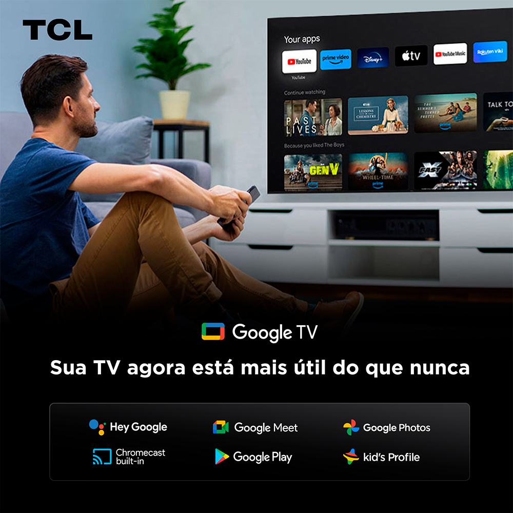 Smart TV TCL 75" QD-Mini LED 4K Google TV 144 Hz 2.1 canais com Subwoofer 4 HDMI Wi-Fi 75C7K