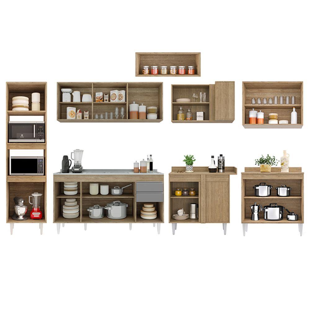 Armário De Cozinha Modulada De Canto 8 Peças Cp09 Balcão Com Pia Inox Castanho/cinza - Lumil