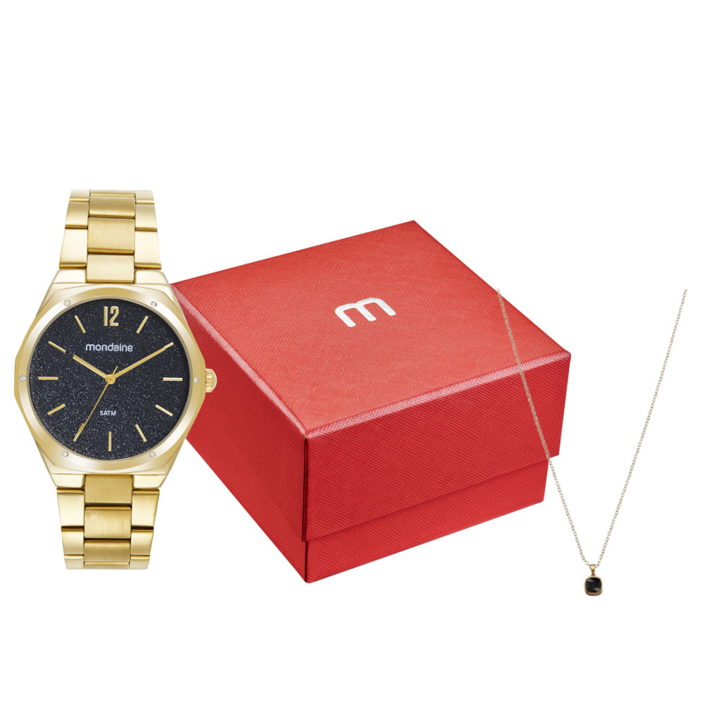 Miniatura Kit Relógio Feminino Glitter Dourado Com Colar Cristais