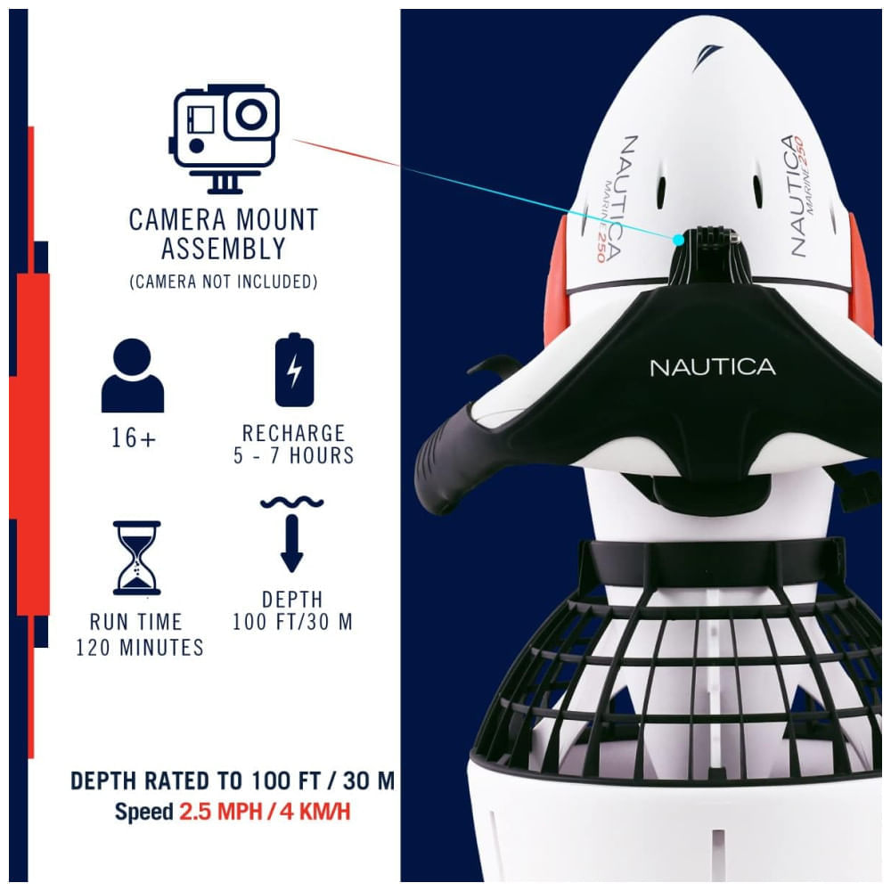 Scooter Subaquática Propulsor de Mergulho com Suporte de Câmera e Snorkel, Náutica Marine 250, Branco