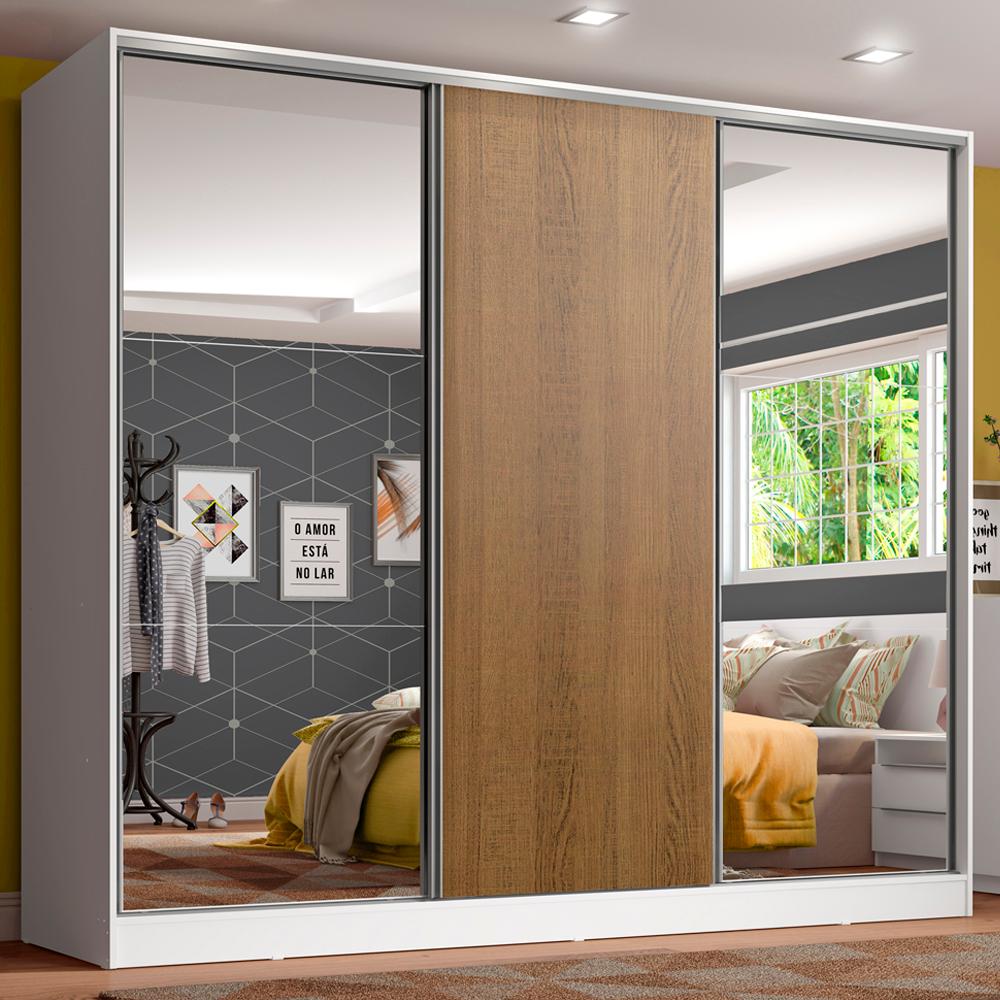 Miniatura Guarda Roupa Juvenil 100% MDF Madesa Kevin 3 Portas de Correr com Espelhos - Branco/Rustic Branco/Rustic