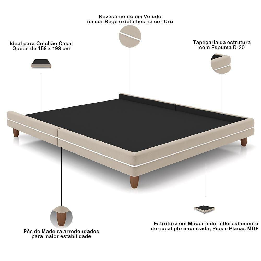 Miniatura Cama Casal Queen Base Box Pés Madeira 168cm Suném P05 Veludo Bege - Lyam Decor