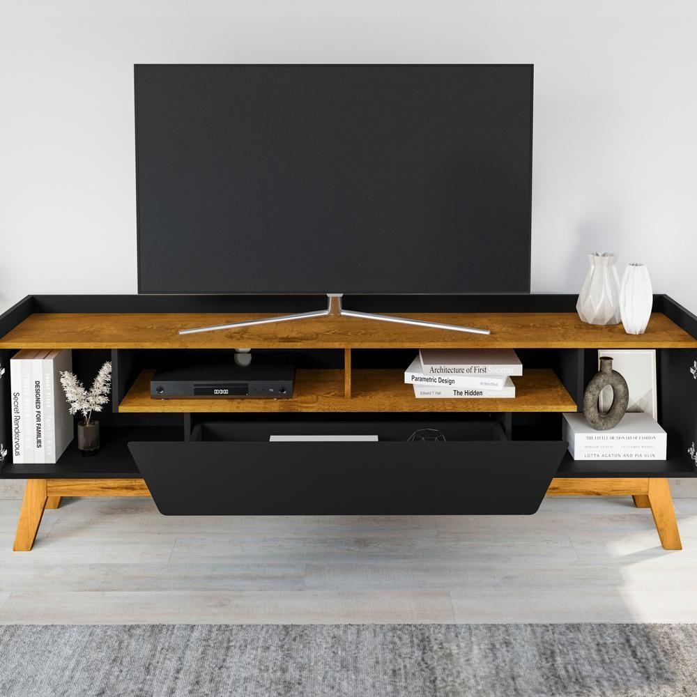 Rack Para Sala De Estar Tv 70 Pol 180cm Morello B02 Preto Fosco Naturalle - Lyam Decor