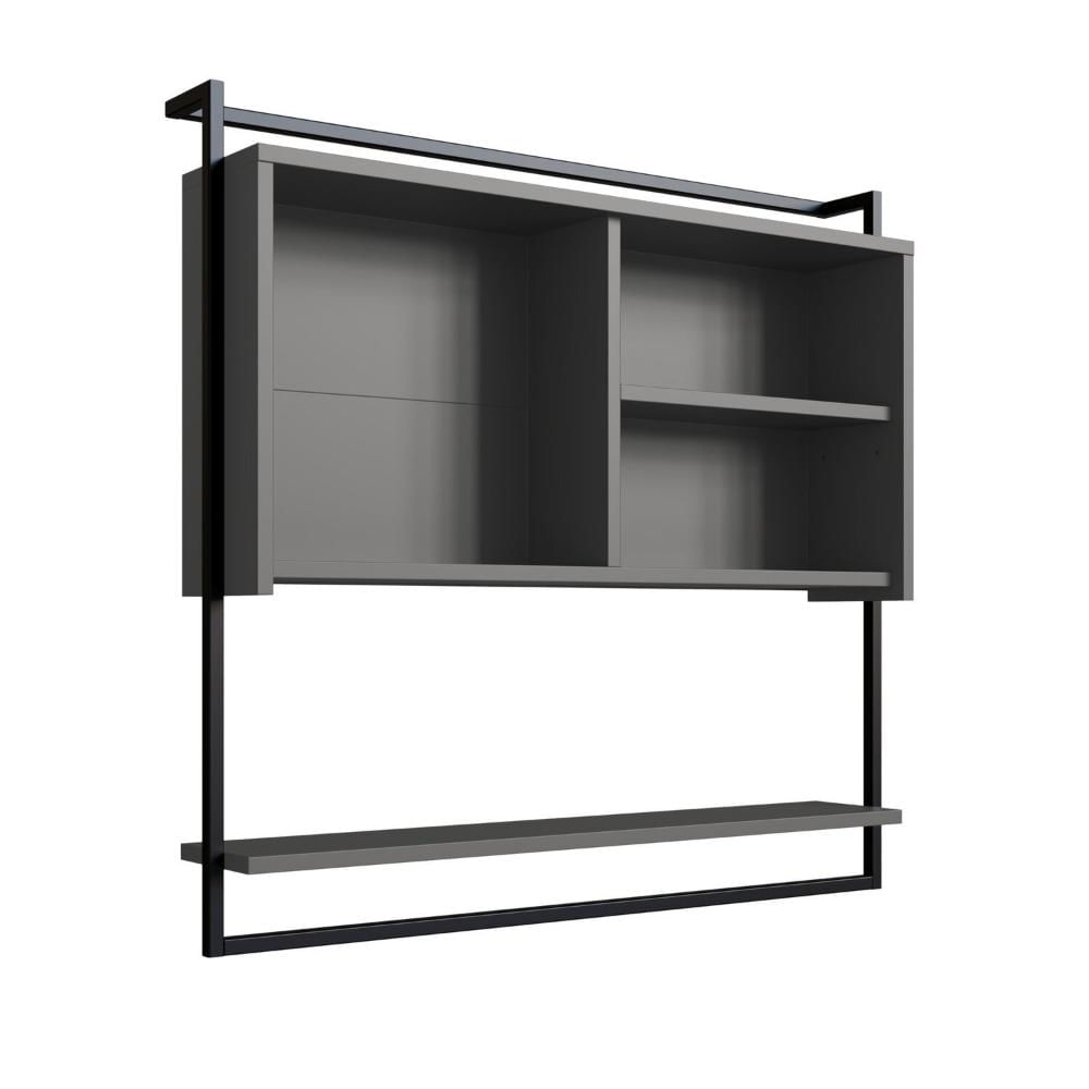 Miniatura Armário Espelheira para Banheiro 80cm com 1 Prateleira Externa e Toalheiro Estilo Industrial P1043 Preto/Grafite