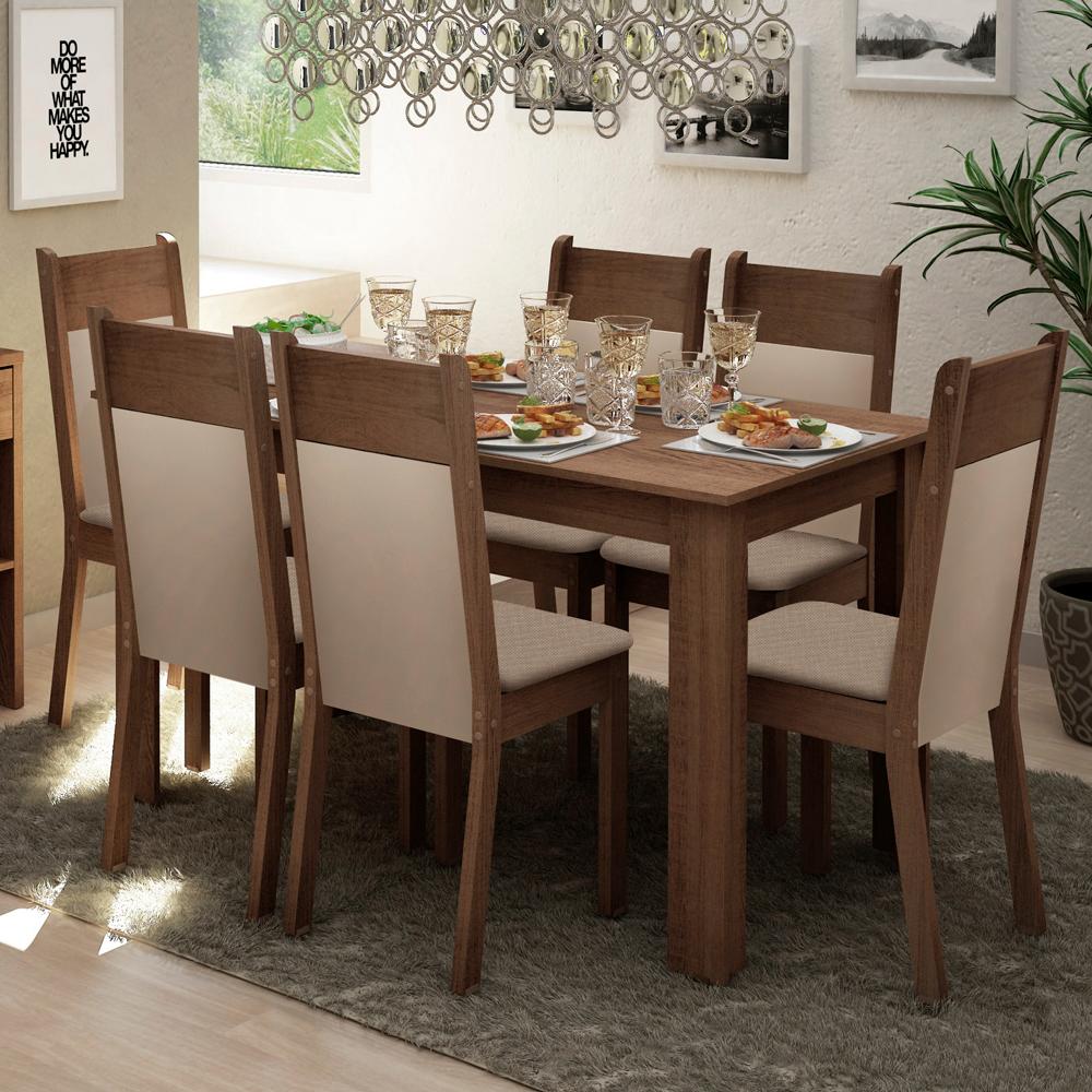 Miniatura Conjunto Sala de Jantar Madesa Jaíne Mesa Tampo de Madeira com 6 Cadeiras Rustic/Crema/Pérola