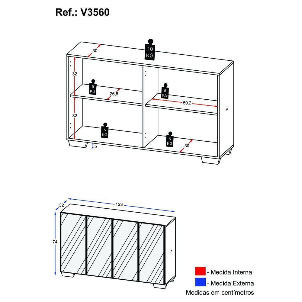 Aparador Buffet 2 Portas Com Espelho Vegas V3614 Preto