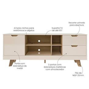 Rack Michigan Artely com 2 gavetas e 4 nichos para TVs de até 65 polegadas Off White e Carvalho