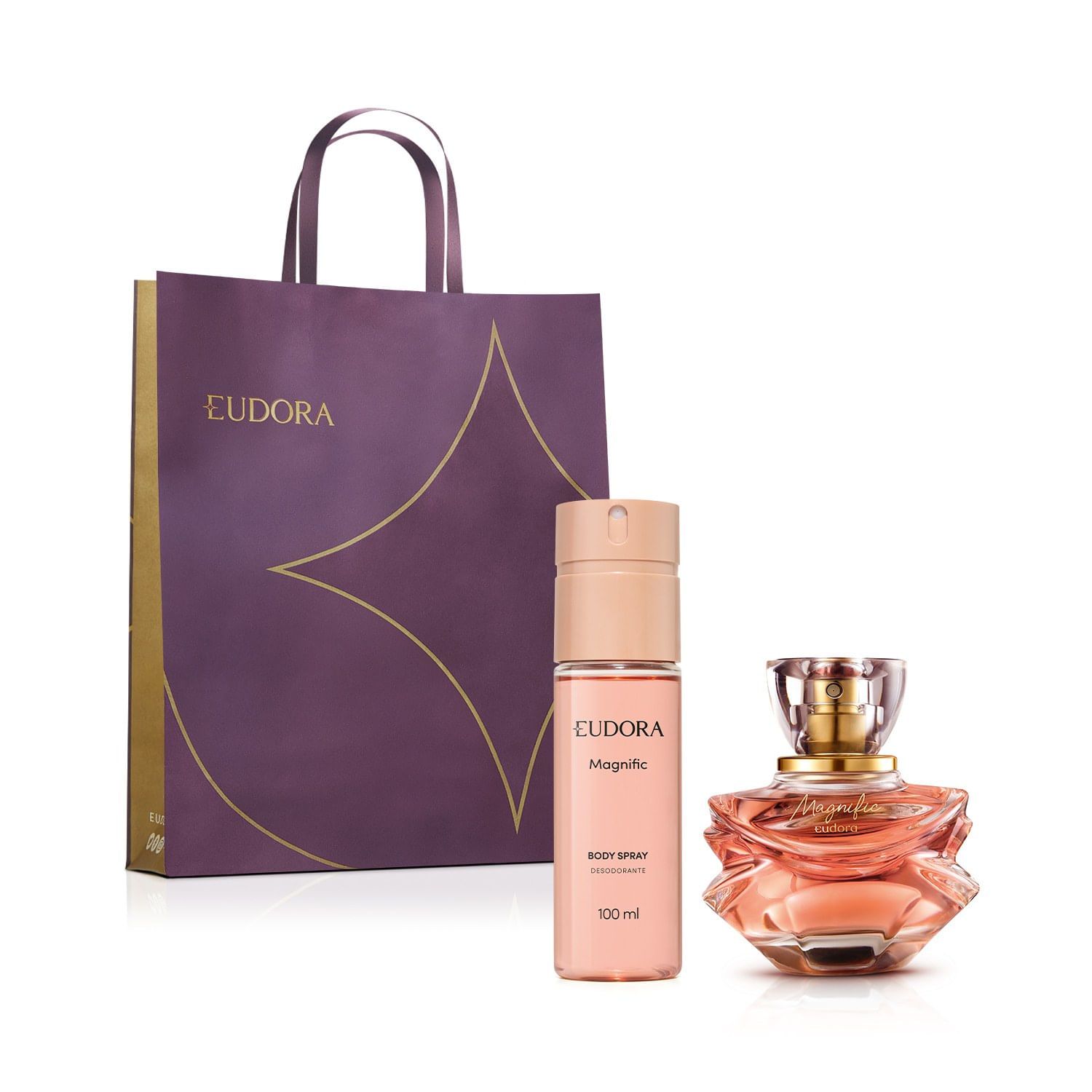 Miniatura Combo Presente Eudora Magnific: Eau de Parfum 75ml + Desodorante Body Spray 100ml + Sacola