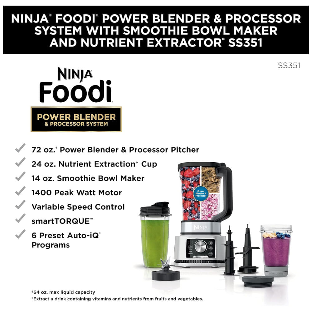 Miniatura Liquidificador Ninja Foodi Power Blender Processor System com Fabricante de Smoothie Bowls e Extrator de Nutrientes, Edição Canadense,