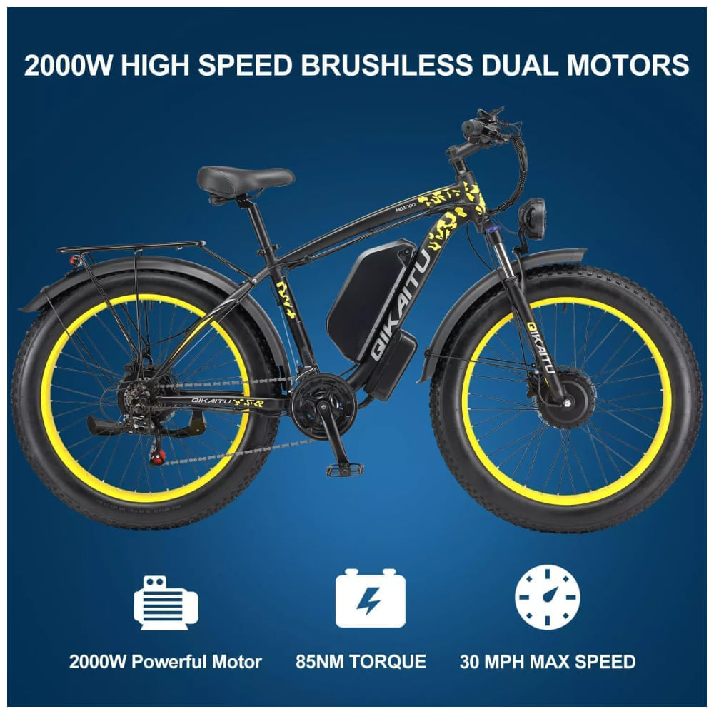 Bicicleta Elétrica com Motor Duplo 2000W, Bateria Removível 48V 23Ah UL2849, Quadro em Alumínio 6061, Pneus 26x4”, Suspensão com Trava, Freios