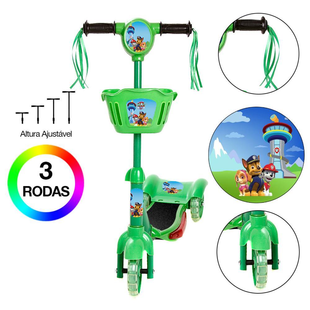Miniatura Patinete Infantil Patrulha Canina Verde 3 Rodas Ajustável