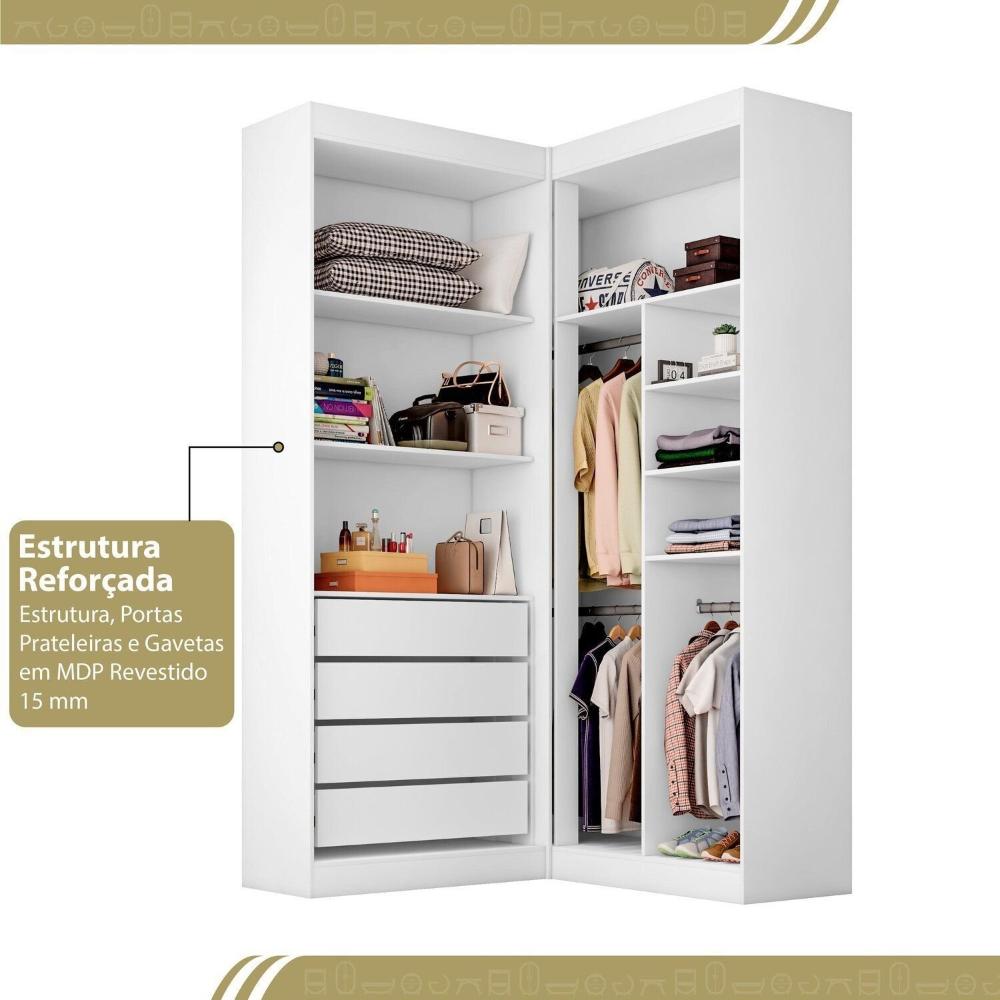 Guarda Roupa Closet Casal sem Portas Canto em L com 4 Gavetas e 3 Cabideiros Versatille Yescasa Branco