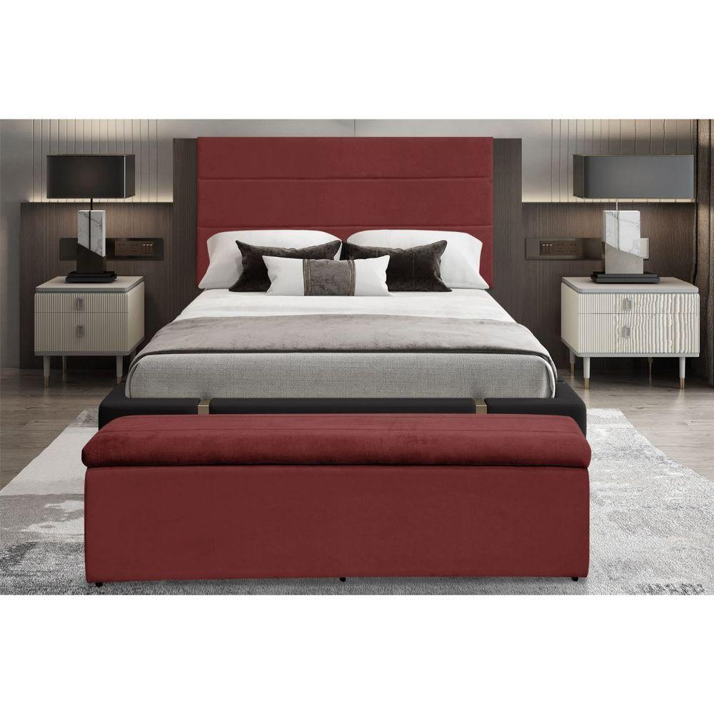 Miniatura Cabeceira E Calçadeira Baú 158 Cm Helena Suede Vermelho