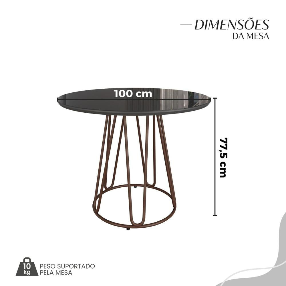 Miniatura Conjunto Sala de Jantar Mesa Redonda 100cm Base Omega Tampo MDF Laca com Vidro Napoli Marrom