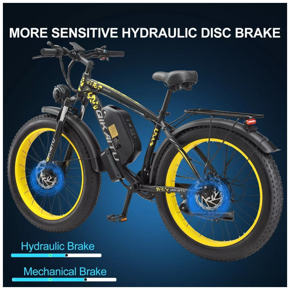 Bicicleta Elétrica com Motor Duplo 2000W, Bateria Removível 48V 23Ah UL2849, Quadro em Alumínio 6061, Pneus 26x4”, Suspensão com Trava, Freios