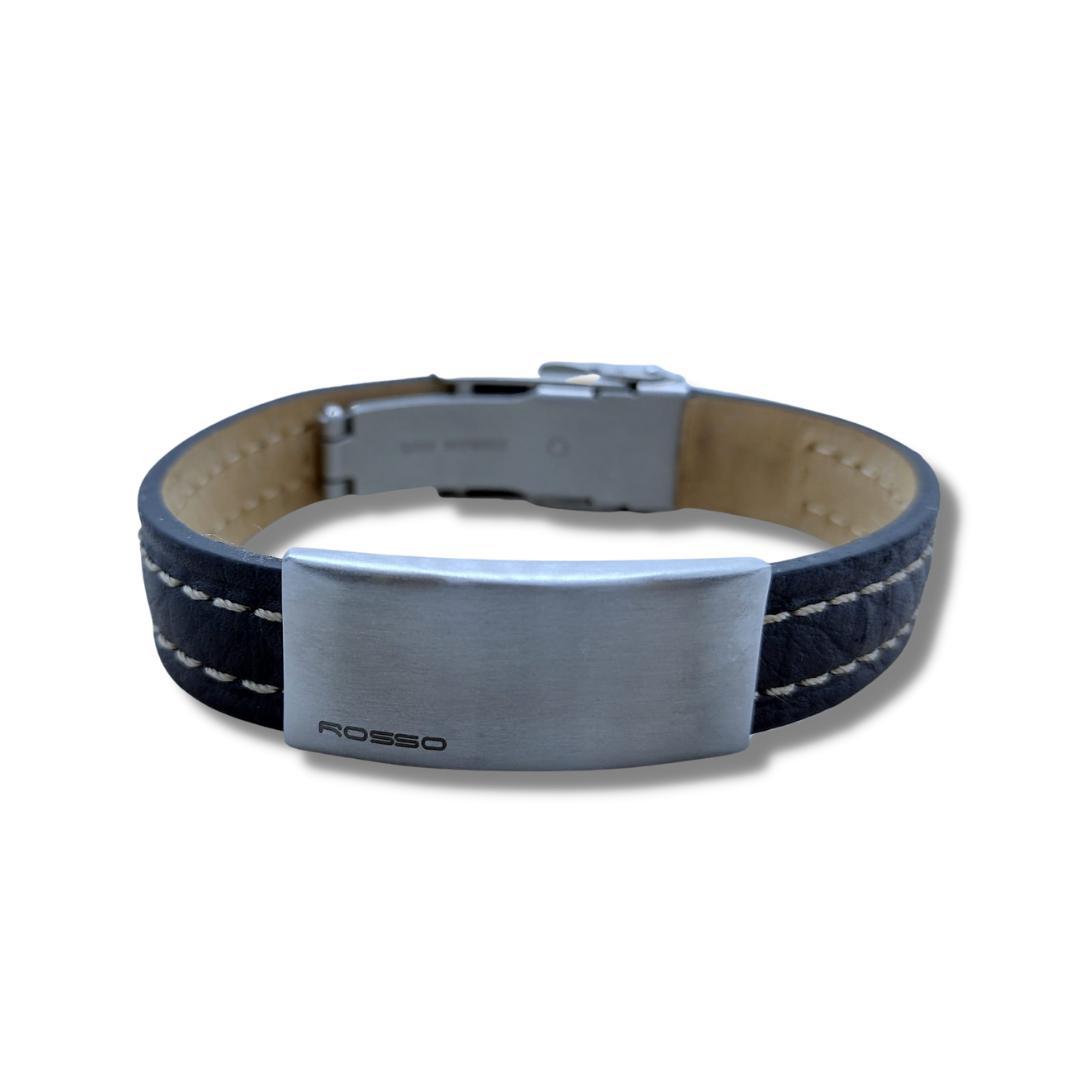 Miniatura Pulseira Masculina Rosso Em Couro Preto E Aço Fosco