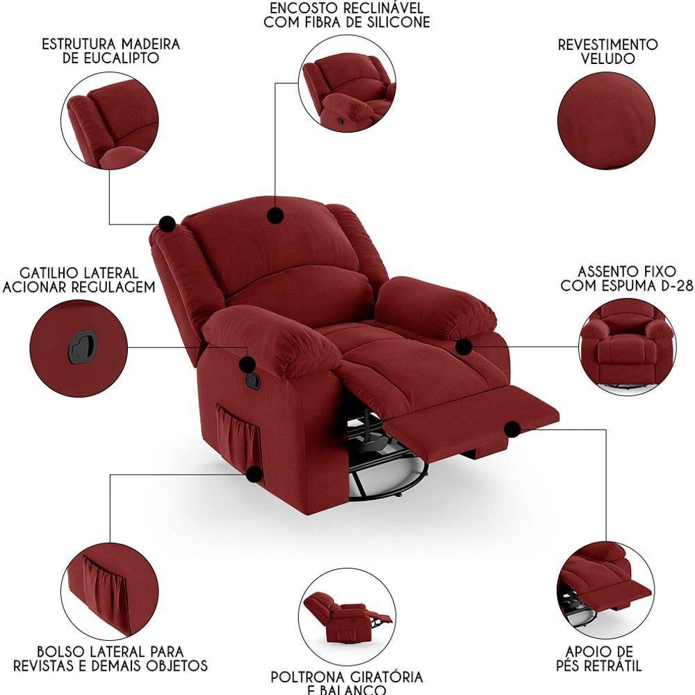 Poltrona Do Papai Reclinável Pietra Glider Giratória Fh9 Veludo Vermelho - Mpozenato