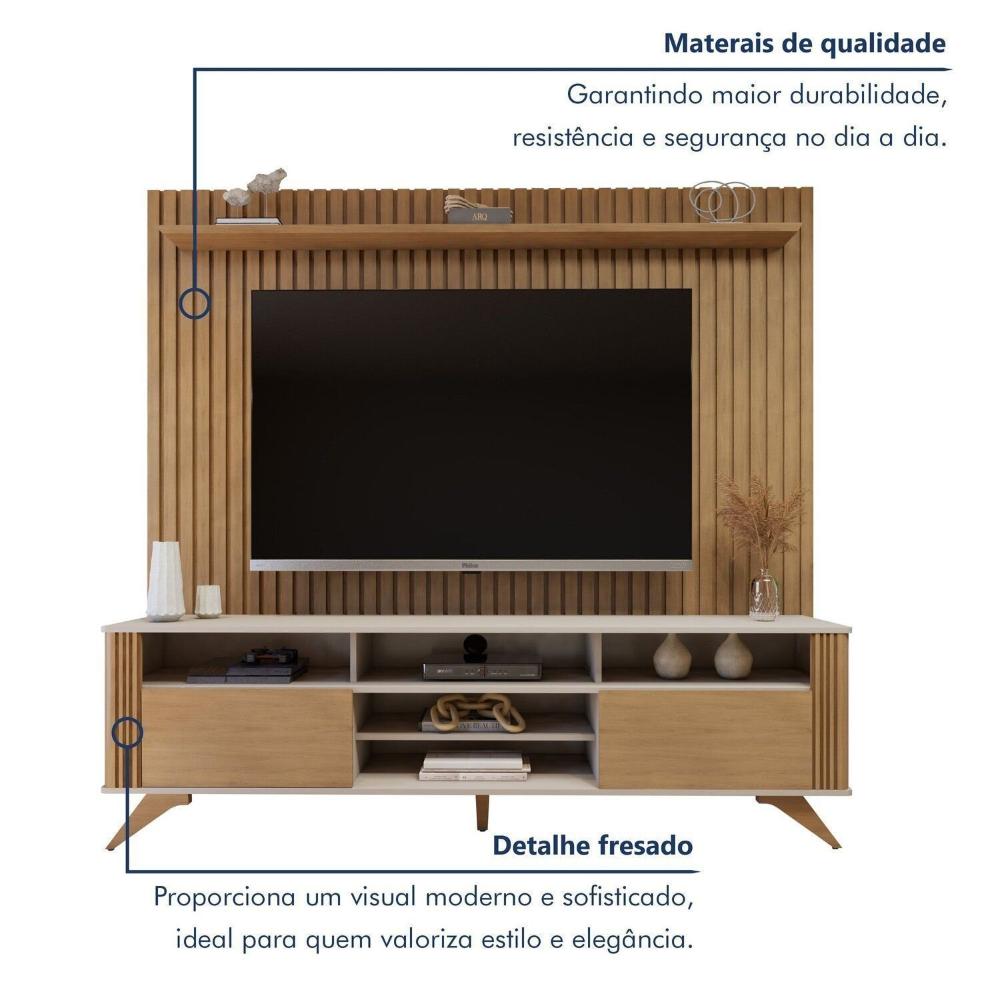 Rack Bancada Mariana Pés Madeira Maciça com Painel Vitória para TV até 65 Polegadas Off White/Cinamomo