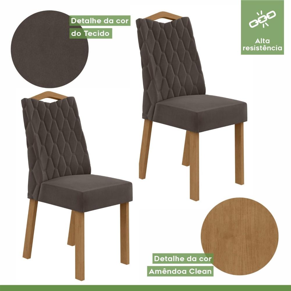 Conjunto 2 Cadeiras para Sala de Jantar Estofadas Vênus Amêndoa Clean/Veludo Liso Marrom