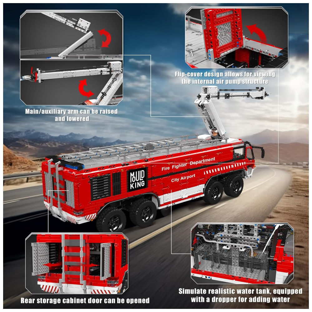 Miniatura Kit de Construção Veículo Resgate de Aeroporto com 6653 Peças e Controle Remoto para Crianças e Adultos, Mould King, Verm...