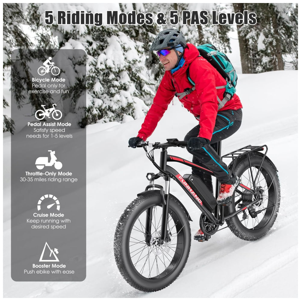 Bicicleta Elétrica para Adultos Funhang EB-S1, 1000W, 25MPH, 60 Milhas, Mountain Bike Elétrica 26' com Pneus Largos, Bateria 48V 13AH, Bagageiro, Susp