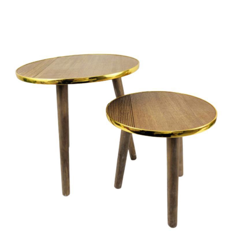Miniatura Mesa Lateral Centro Metal Madeira Dourado 40/30Cm 2 Peças