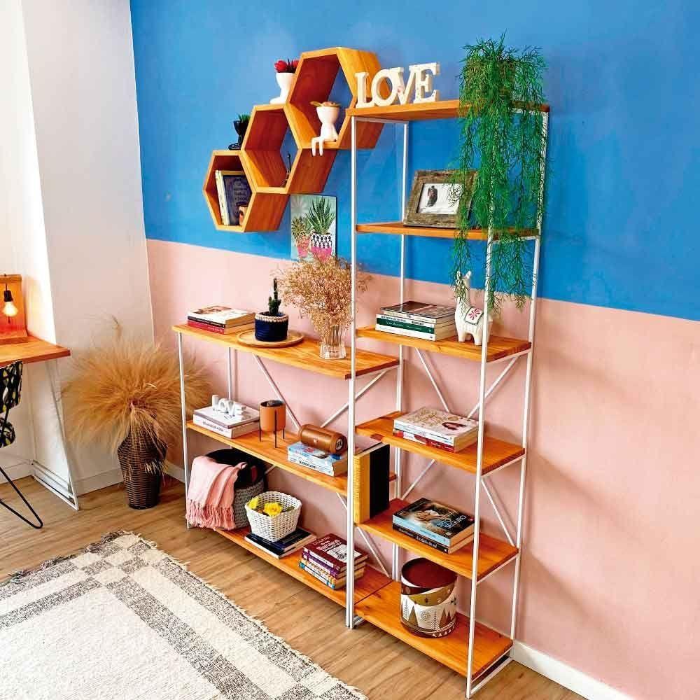 Miniatura Cantinho Estante E Aparador Industrial De Ferro E Madeira Carvalho E Branco