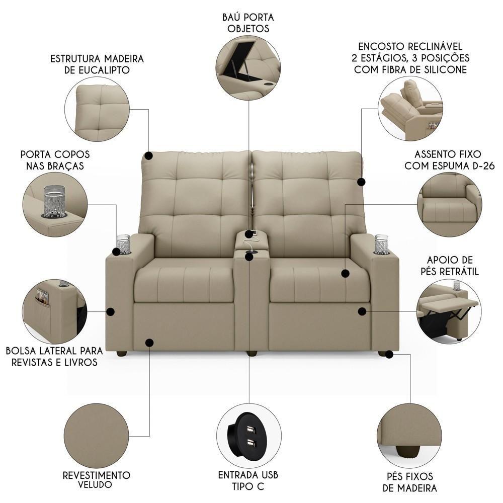 Poltrona De Cinema Reclinável 2 Lugares Baú Usb Mallie Fh9 Veludo Bege - Mpozenato