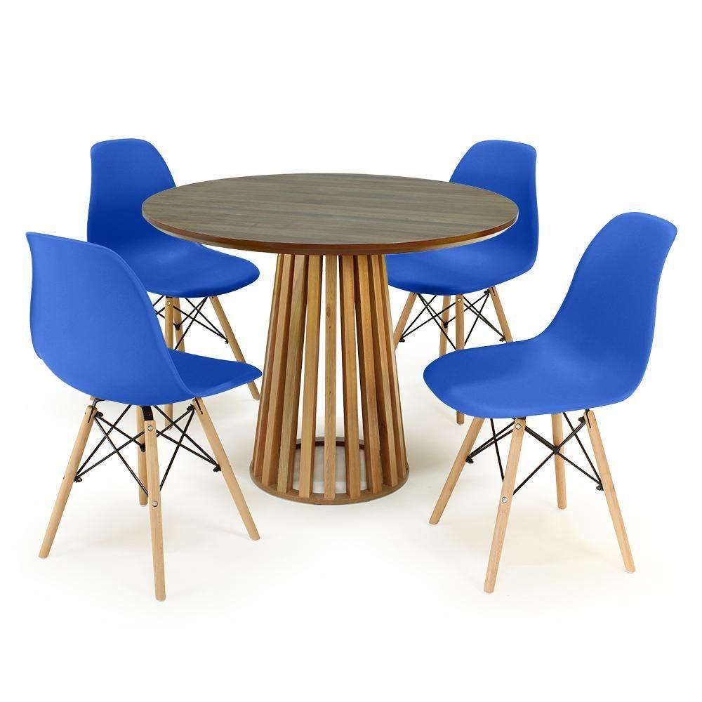Miniatura Conjunto Mesa De Jantar Redonda Luana Amadeirada Natural 100cm Com 4 Cadeiras Eames Eiffel - Azul