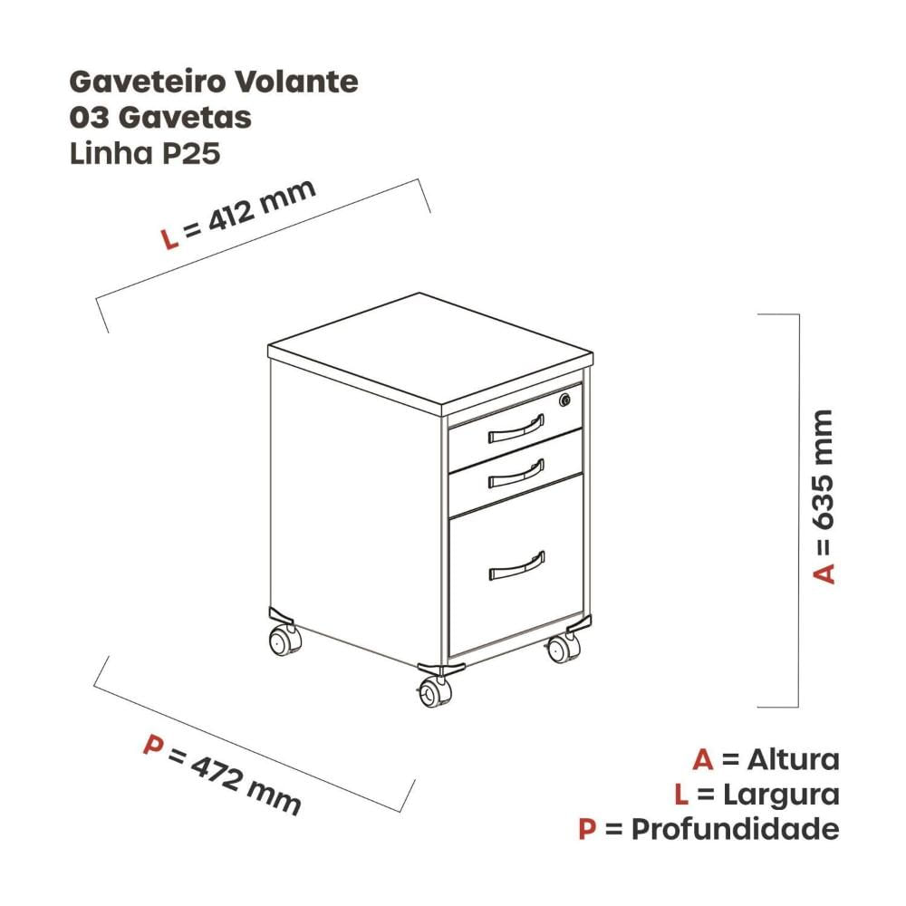 Miniatura Gaveteiro Volante 3 Gavetas GVPS03P25TUB Noce Naturalle/Preto