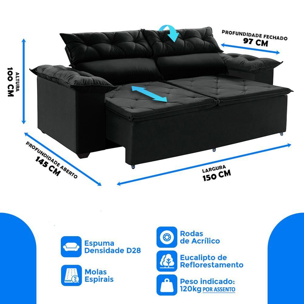 Miniatura Sofá Retrátil E 150 Cm Com Molas Espirais Preto